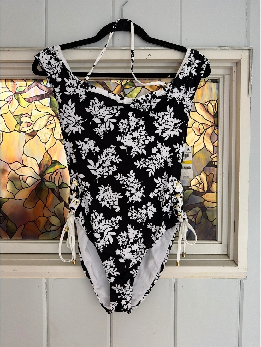 Bar III Black and White Floral One-Piece Swimsuit with Side Lace-Up medium